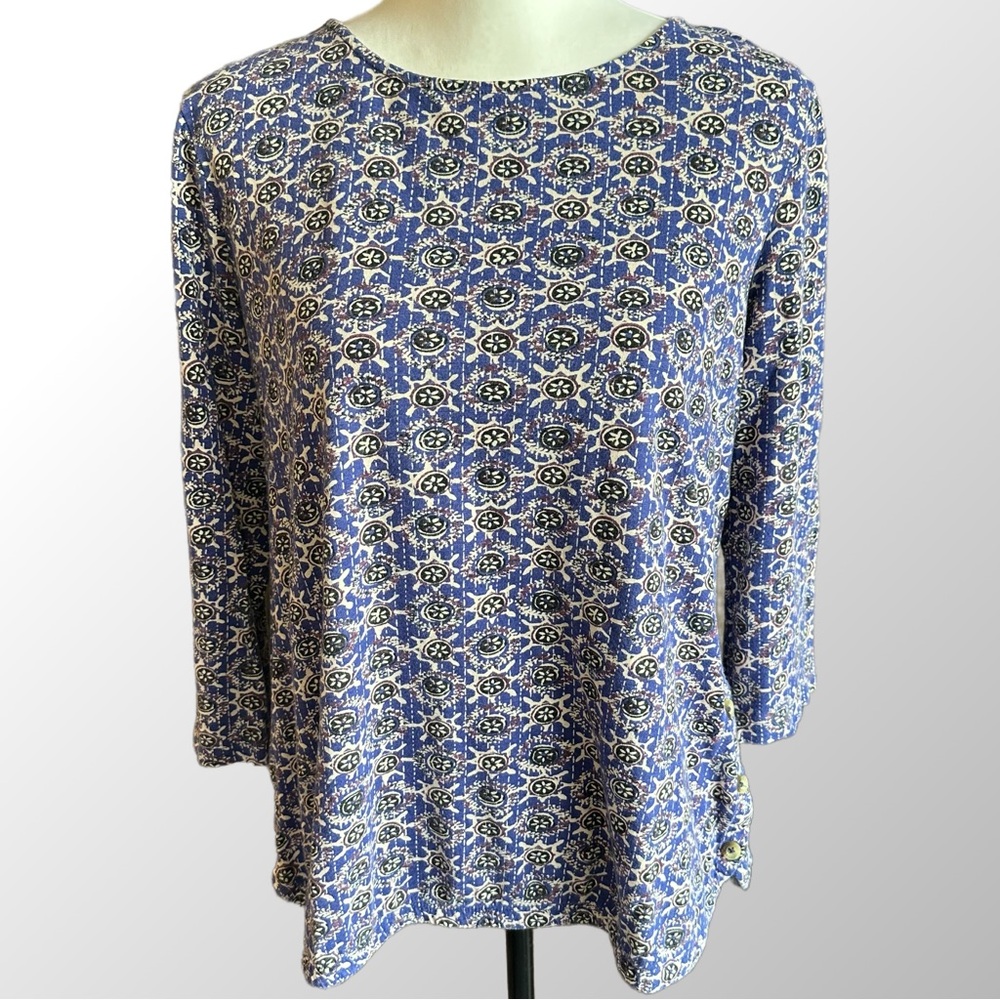 FatFace Knit Top Women's 10 Blue Geometric‎ Tile Print 3/4 Sleeve Button Detail
